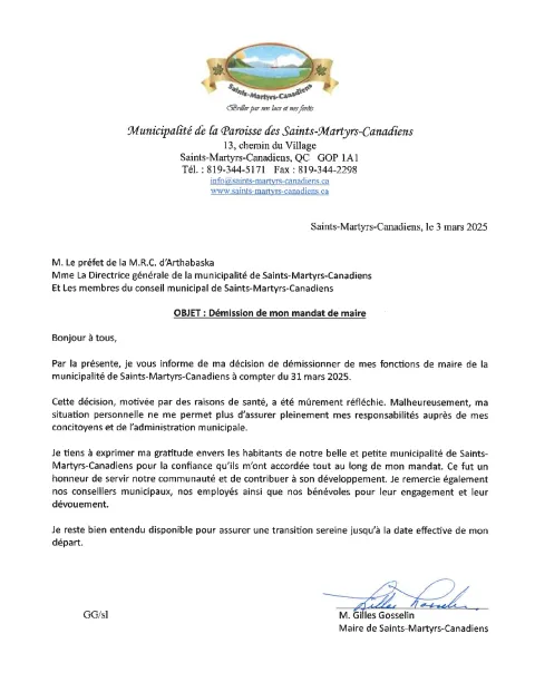 Lettre de démission de M. Gilles Gosselin